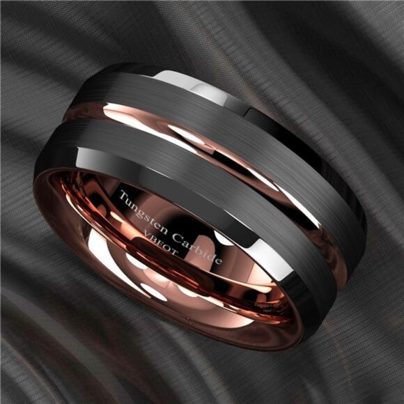 Men's Black Brushed Rose Gold Wedding Band Ring - Men's Wedding Rings - Picture 8 of 9